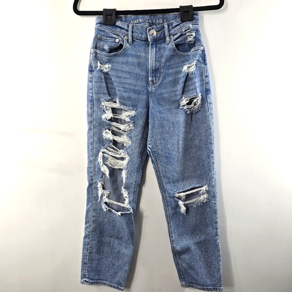 American Eagle Highest Rise 90s Boyfriend Stretch Destroyed Straight Jeans Sz 0 - Picture 1 of 11